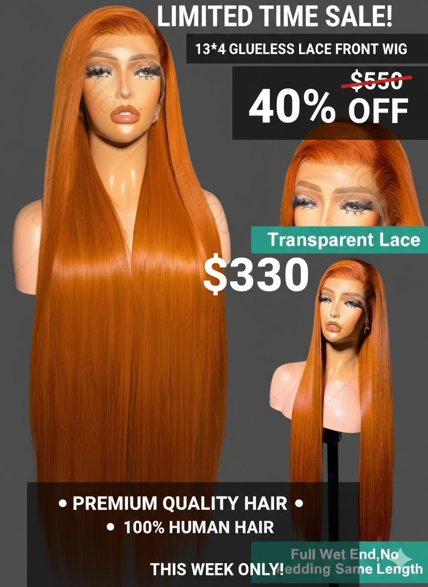 13x4 Ginger Lace Front Wig – 12A Grade Human Hair, Premium Quality, Transparent Lace | Blowout Sale $330